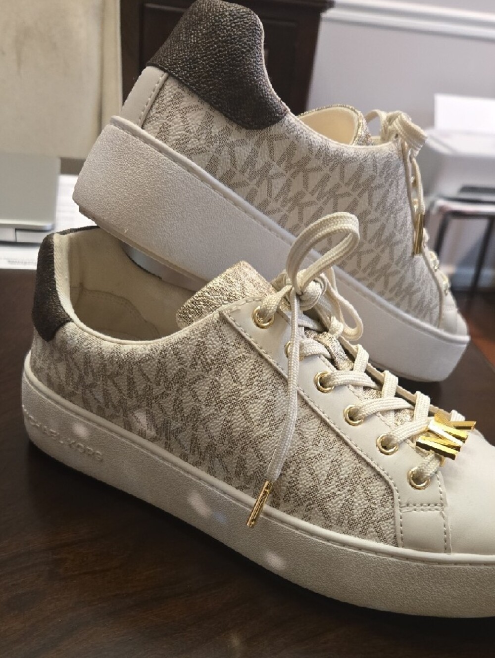 Michael Kors White and Gold Signature Lace-Up Sneakers - Picture 2 of 5